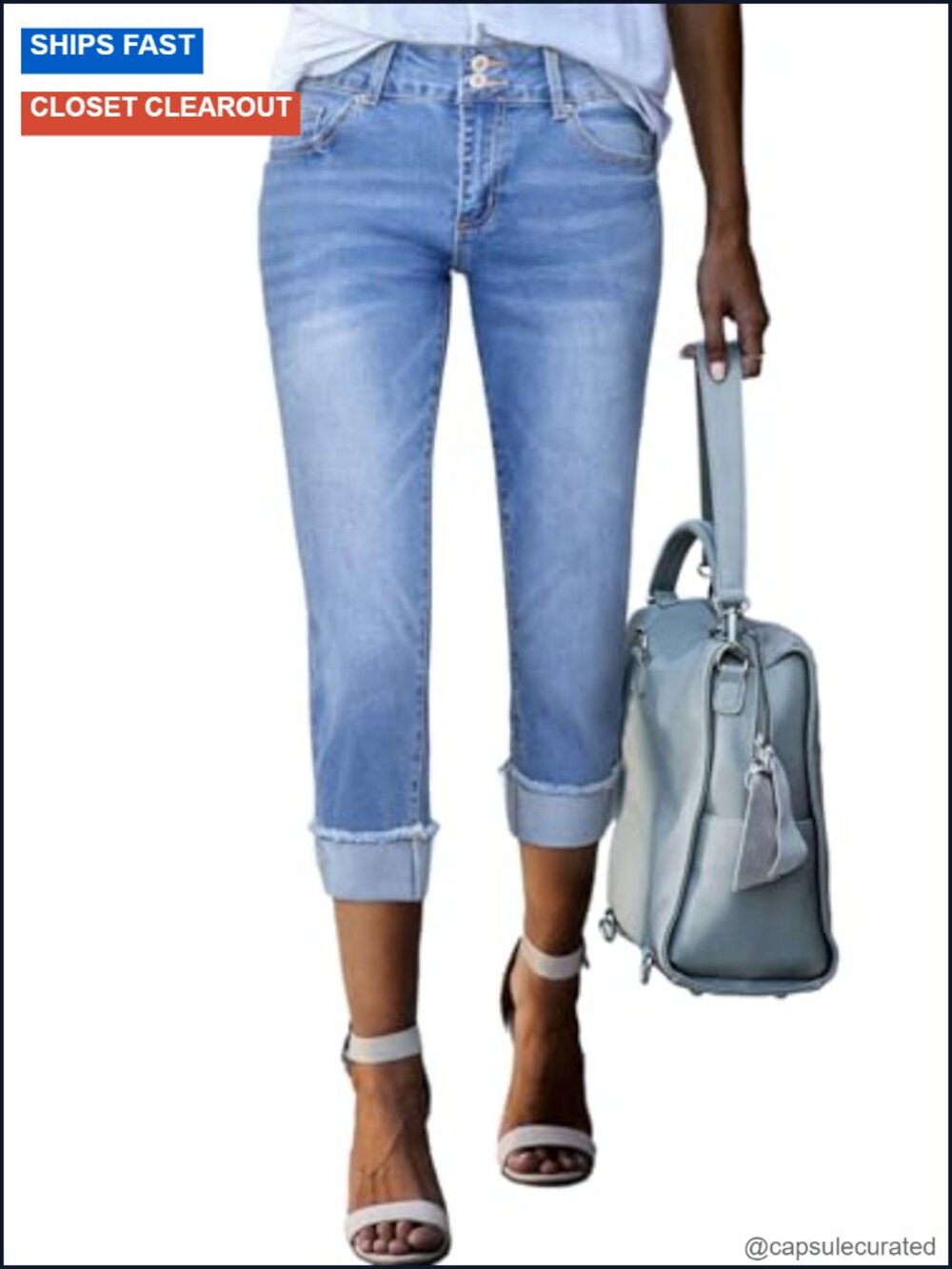 High Waisted Skinny Capri Jeans Cropped Roll-Up Cuffed Stretch Denim